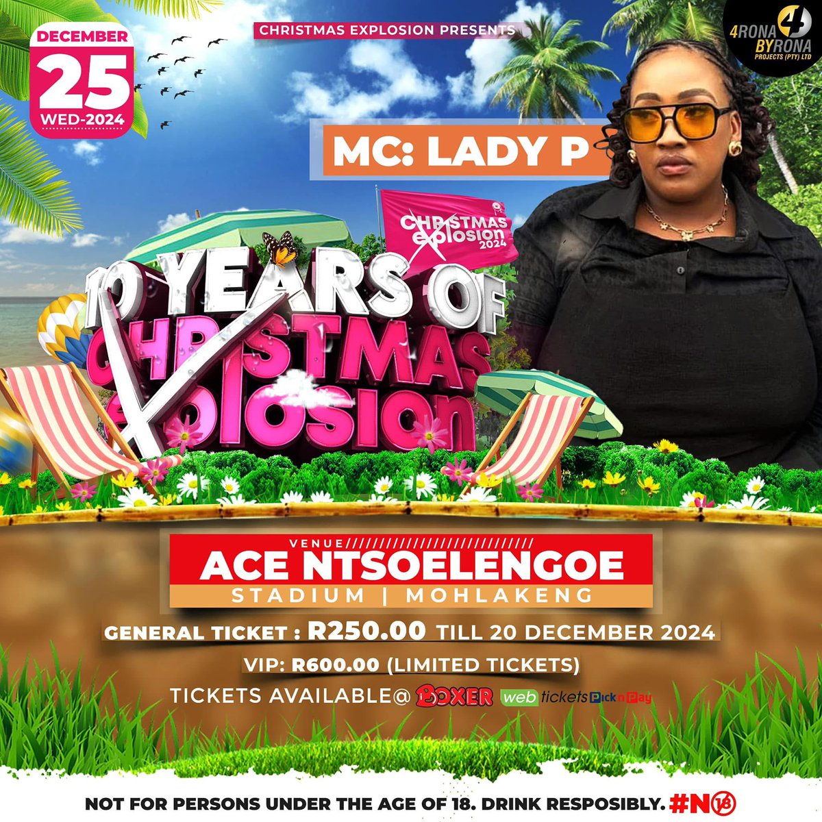Christmas_Exp's tweet photo. Ke Nakwela🚨

 📅 25 December 2024
🏟️ Ace Ntsoelengoe Stadium

 MC : Lady P 

Tickets sold at Webtickets (Link in bio) and PnP &amp; Boxer Stores.

#christmasexplosion2024
#10yearsofchristmasexplosion https://t.co/uOmOymn5Do