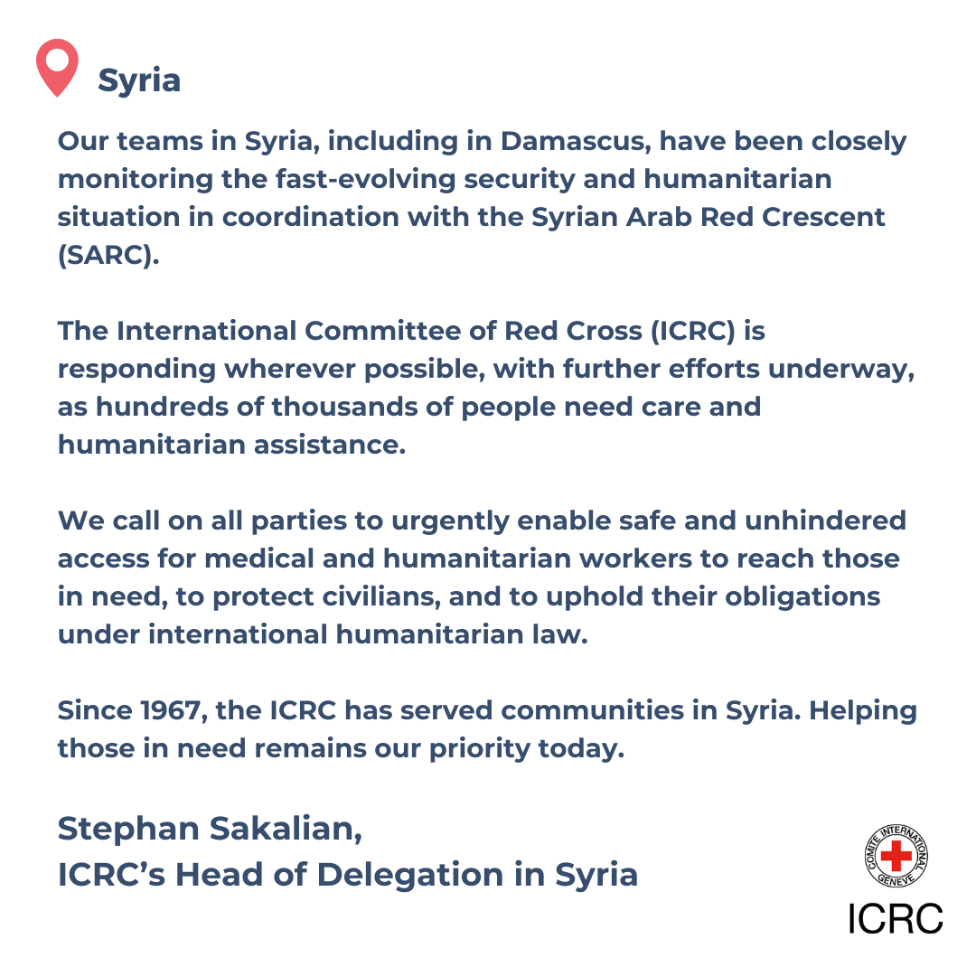 📍 Syria | We call on all parties to urgently enable safe and unhindered access for medical and humanitarian workers to reach those in need.

Stephan Sakalian, ICRC head of delegation in Syria shares 👇🏽