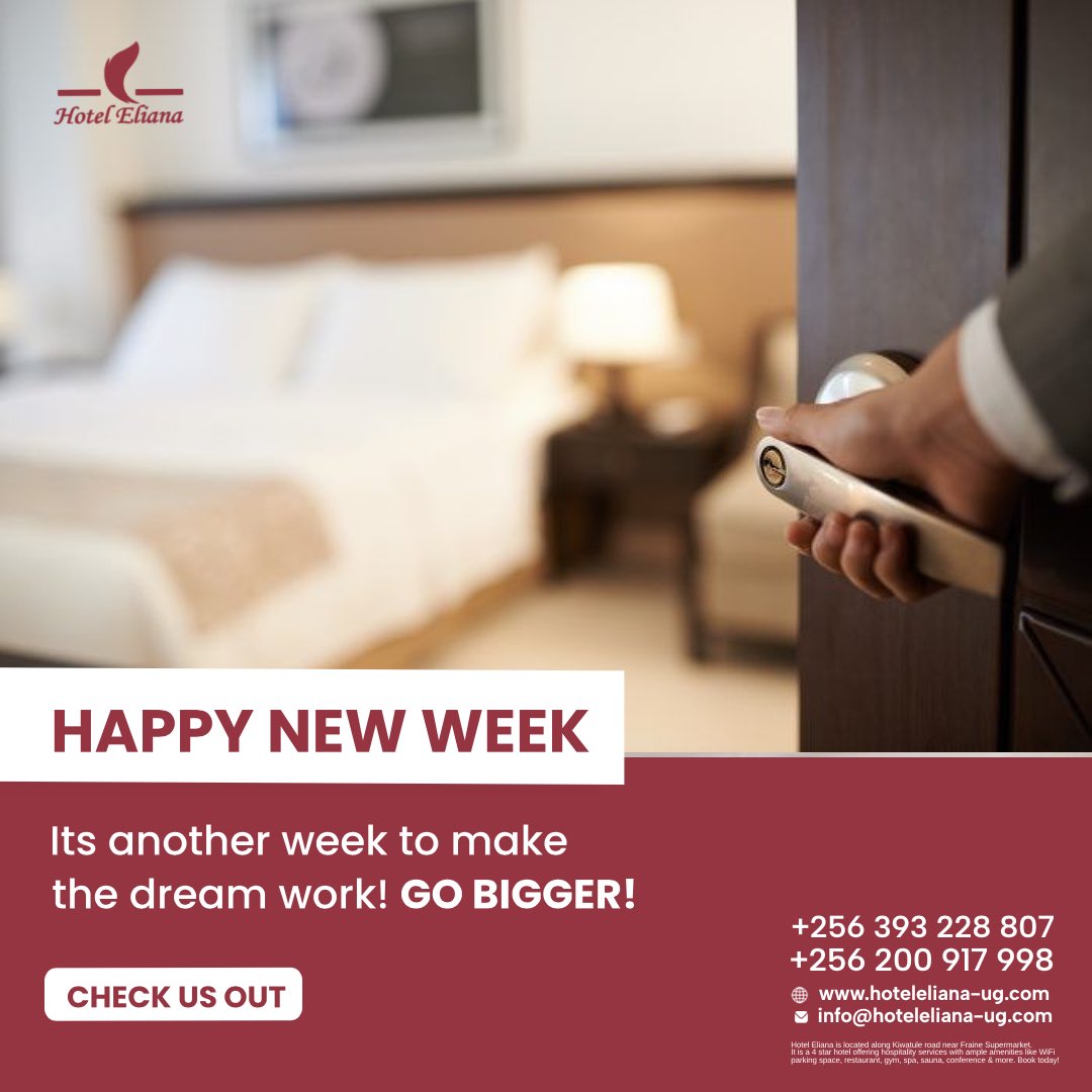 ug_eliana's tweet photo. We are here to make your dreams work. GO BIGGER this week with us! 

Reserve a booking at  +256 393 228 807 / +256 200 917 998 or info@hoteleliana-ug.com  

#HotelEliana #NewWeek #GoBigger https://t.co/MhLjfTPjpu