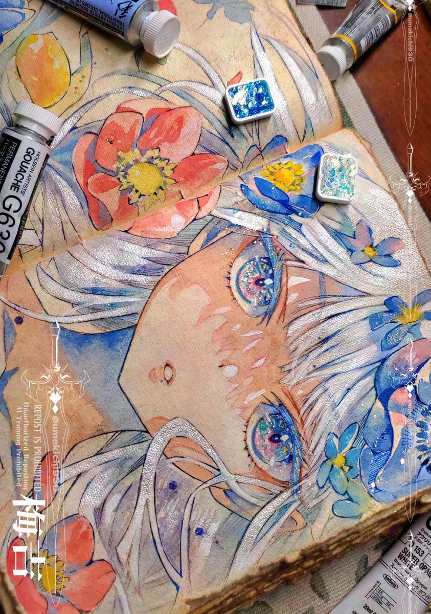 銀髪少女😊不透明水彩とラメで描きました～!