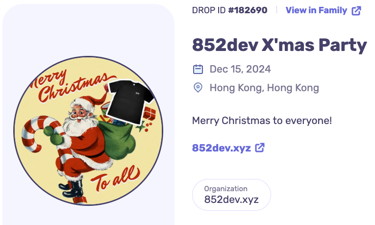 今次活動照舊會有POAP！未報名嘅快啲報名喇～

🎄 852dev X'mas Party

🗓️ 15 Dec 2024
🔜 3-6pm
📍 天后

呢個聖誕Party冇Agenda、冇Talk、冇Sponsor、冇收費！

活動會提供簡單嘅小食同飲品，仲有限量版852dev T-shirt派發，名額有限，大家早啲報名：
🔗 lu.ma/h3xeqmqu