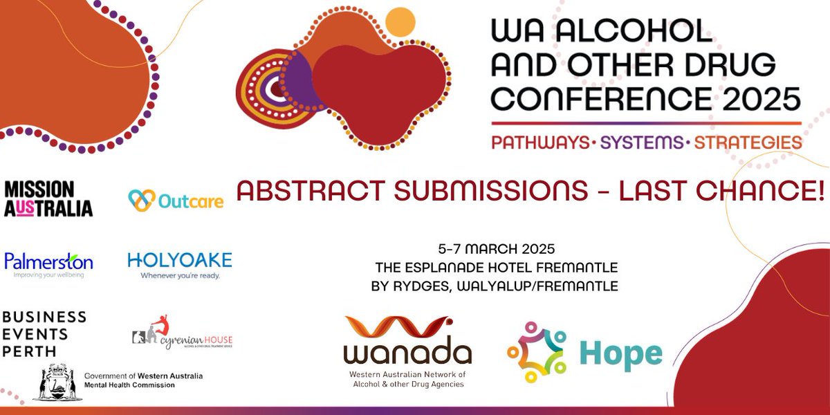 Abstract submissions for the WA Alcohol and Other Drug Conference 2025 close 5pm, Friday 13 December 2024 - Don't miss out.  

For more information, please visit the conference abstracts page at: wanada.org.au/conference-202…