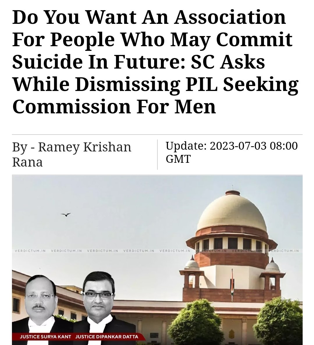 realsiff's tweet photo. "You want to have an association for people who commit suicide in future?" Said Judge Surya Kant.

To all men, please tweet #ImpeachSuryaKant.

Parliament has the right to impeach (remove) any Supreme Court judge. We urge the members of parliament to start impeachment proceedings against Judge Surya Kant.

https://t.co/oYykZUzujP