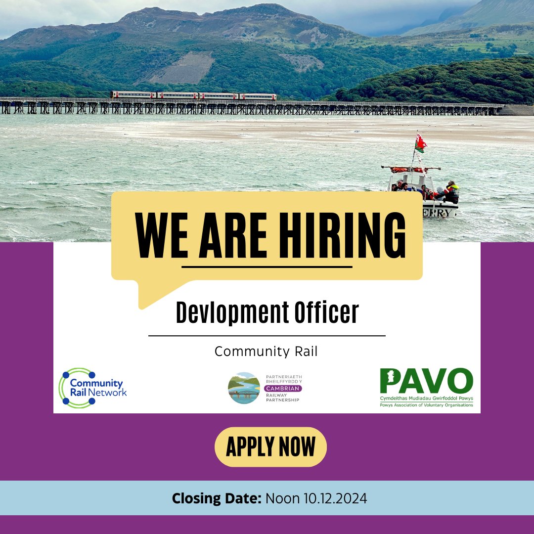 CambrianLine's tweet photo. * CLOSING DATE: NOON TOMORROW 10 Dec *
📣 WE ARE HIRING 📣
➡️ Development Officer - Community Rail
We are looking for someone with experience of development work &amp; a passion for rail travel to come and join our team. 
Apply 📲 https://t.co/VCdKjBaaUe 
@PAVOTweets @transport_wales https://t.co/jpU4Bo9eYk