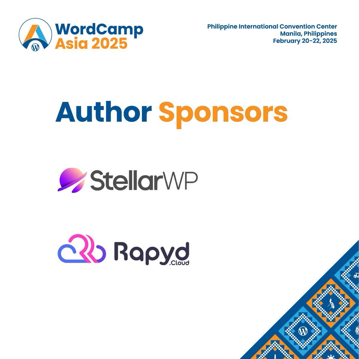 WordCampAsia's tweet photo. We are excited to have #StellarWP & #RapydCloud as Author Sponsors for #WCAsia 2025! 🎉
Their commitment to open source & WordPress innovation inspires us. Visit their booths in #Manila to learn more! 🌟
Details: https://t.co/keZUtpJCxk https://t.co/lZZD4dFTGo
