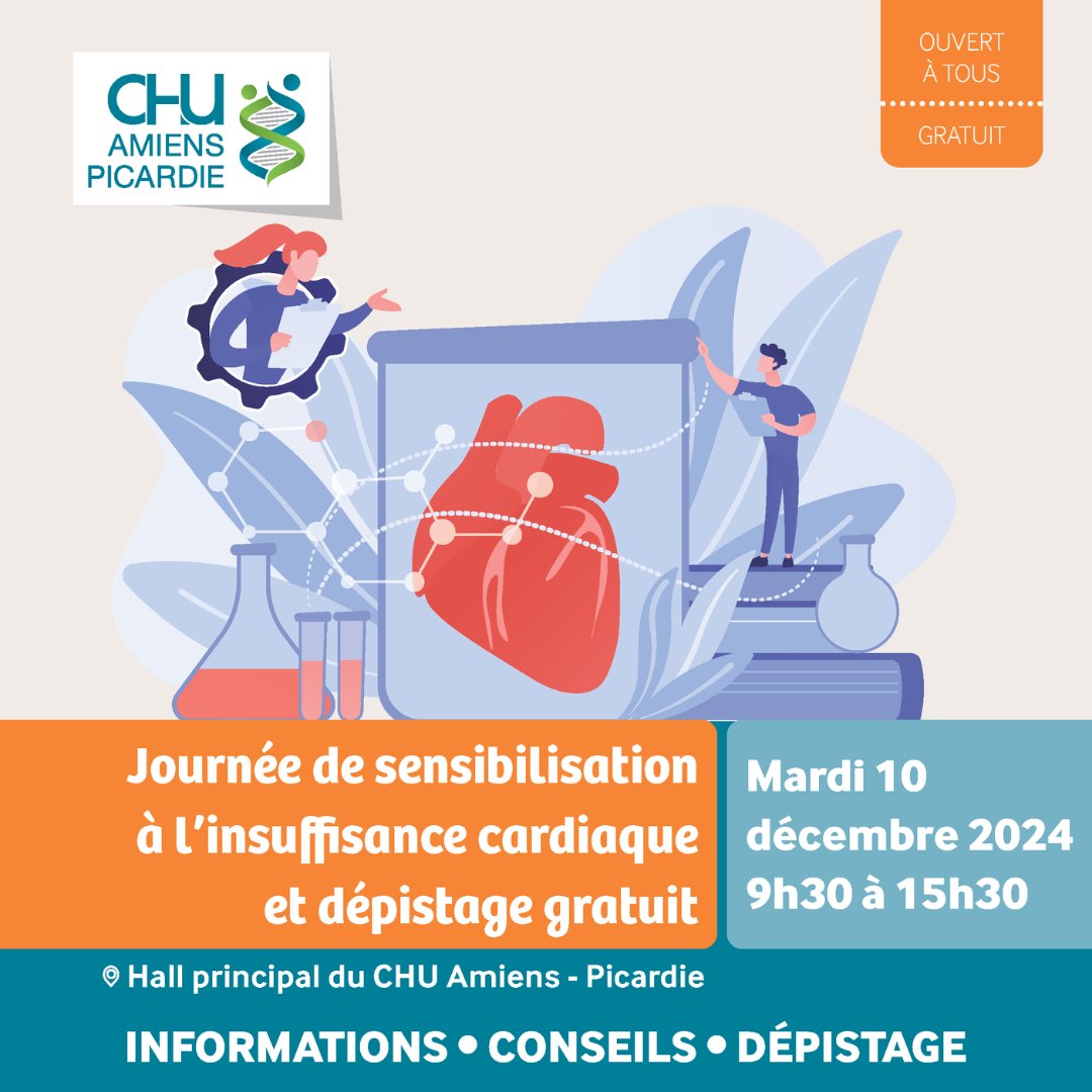 [#Journéesensibilisation] À l’occasion de la journée de sensibilisation à l’insuffisance cardiaque, le service de Cardiologie vous informe et vous propose un dépistage gratuit. 

📅 Mar. 10 déc.
🕖 9h30-15h30
📍 Hall principal du #CHUAmiens

⬇️+ D'INFOS⬇️
chu-amiens.fr/agenda-2/#35181