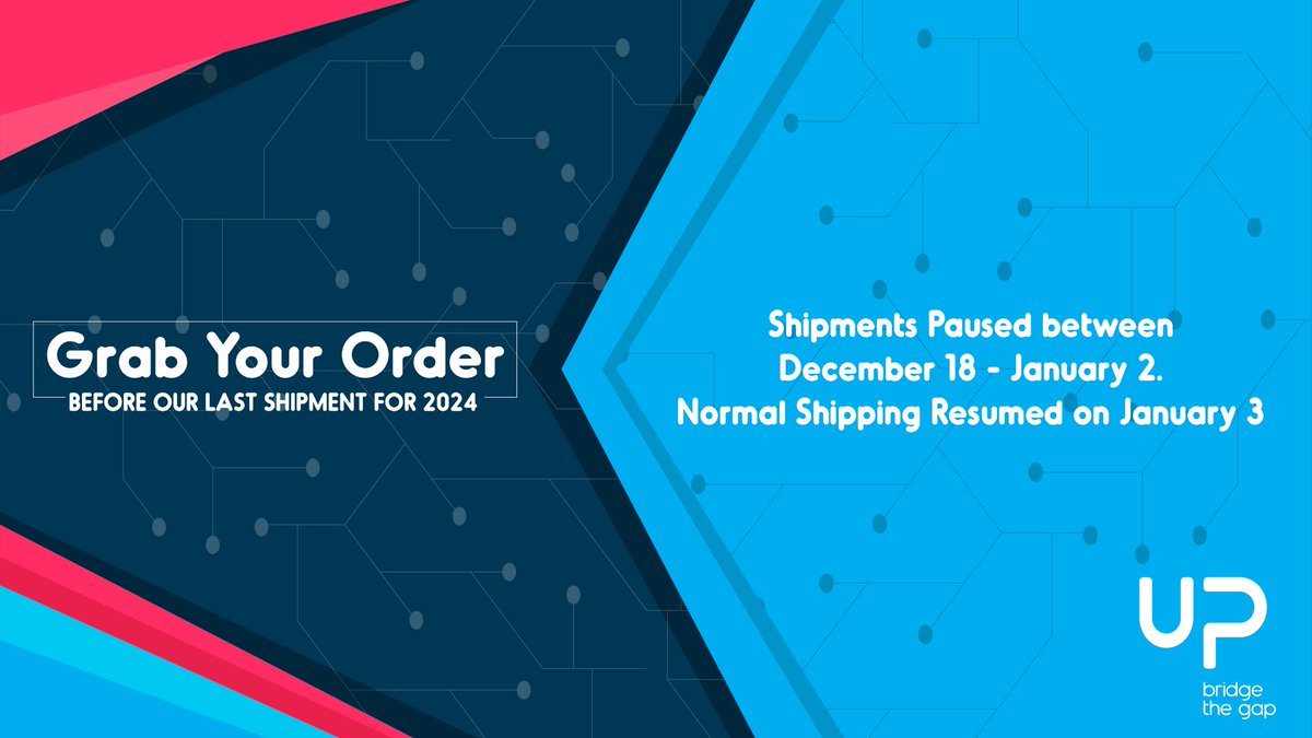 UP-BOARD (@upbridge_gap) on Twitter photo Time passes ⏳ It's almost the end of the year and our last day of shipment for 2024 is on 17 December. Place your orders soon and enjoy worldwide shipping in 7 days.
If you have any questions or need assistance, reach out to us at info@up-board.org
🔎 up-shop.org Time passes ⏳ It's almost the end of the year and our last day of shipment for 2024 is on 17 December. Place your orders soon and enjoy worldwide shipping in 7 days.
If you have any questions or need assistance, reach out to us at info@up-board.org
🔎 up-shop.org