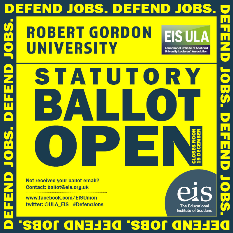 The RGU statutory ballot is open! We are recommending voting YES. If you have not received your ballot paper, contact ballot@eis.org.uk and we will arrange for another copy to be sent to you. #DefendJobs #RGU