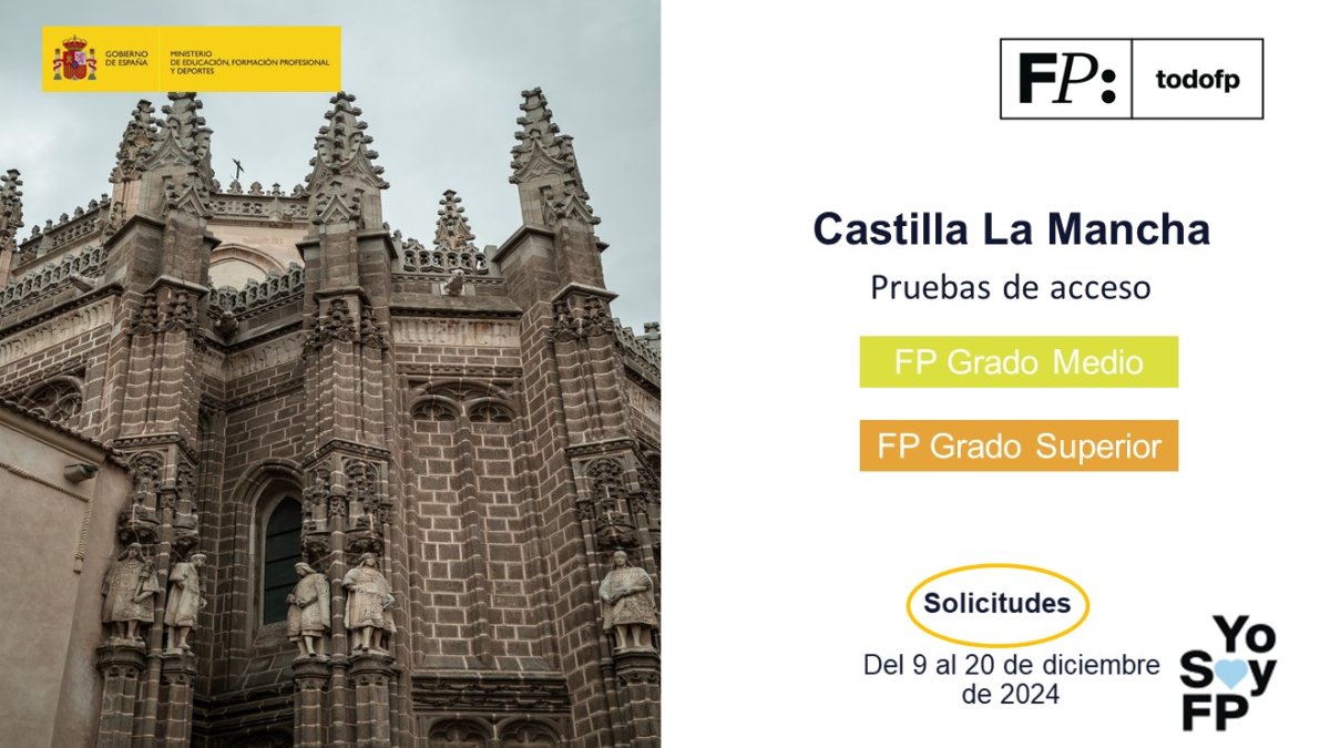 todofp's tweet photo. 📢 #FPCLM Pruebas de acceso. Grado Medio y Superior #TodoFP #YoSoyFP
🔴 Inscripciones: Del 9 al 20 de diciembre de 2024
🔎 https://t.co/byZagDeSw3 https://t.co/lLO6Nlca5e