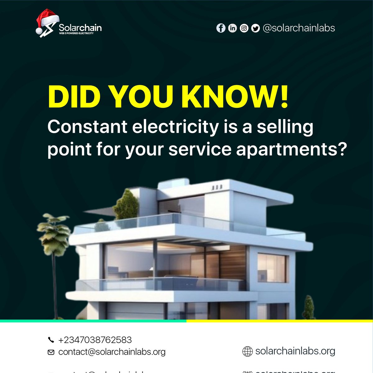 Want to stay ahead of the competition?

Focus on fitting your service apartments with a 24/7 reliable source of energy.

Use constant electricity as a selling point and watch your sales increase.

Looking for the right size for your service apartment?

Send us a dm today.