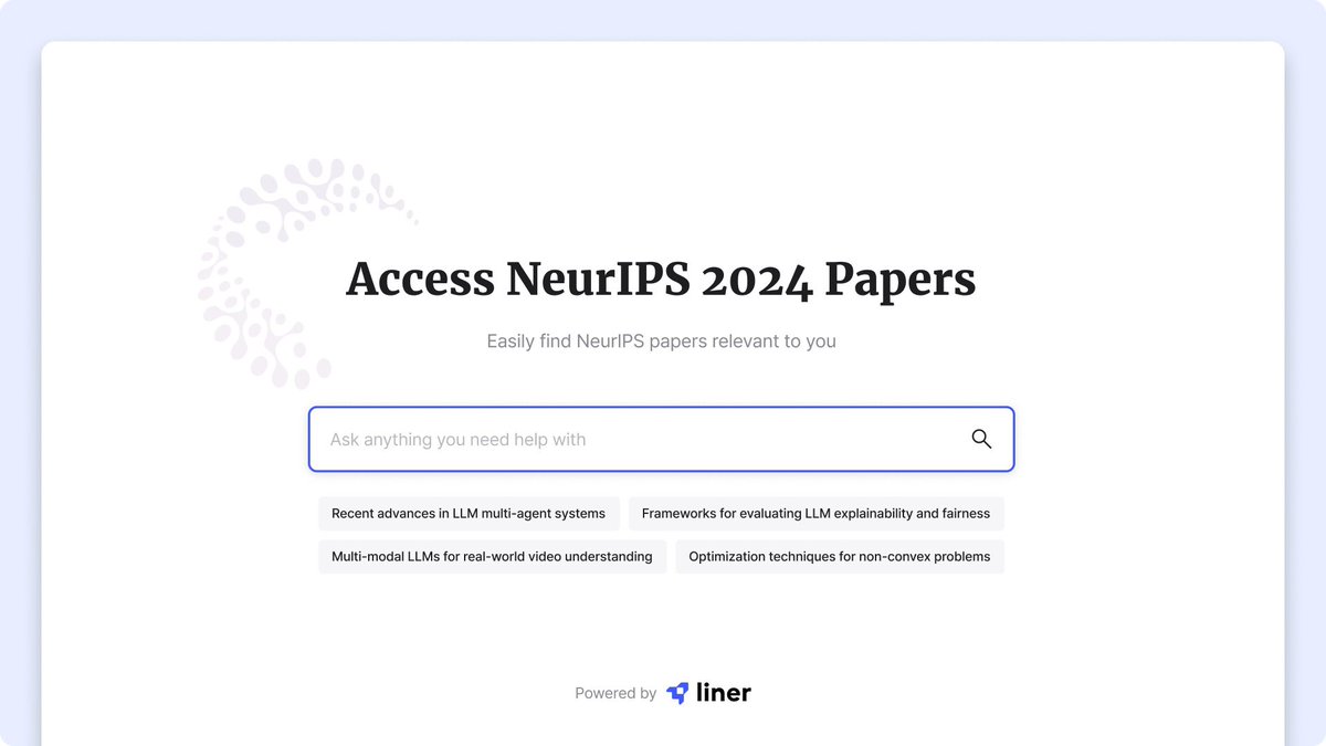 Liner (@liner_app) on Twitter photo 🚀 Find <a href="/NeurIPSConf/">NeurIPS Conference</a> papers that are relevant to you faster with Liner!
lnkd.in/gqCVaTsX
It’s exciting to explore the groundbreaking discoveries in NeurIPS, but it's overwhelming to find the papers that are actually relevant to your research.
Powered by Liner :
🔍 🚀 Find <a href="/NeurIPSConf/">NeurIPS Conference</a> papers that are relevant to you faster with Liner!
lnkd.in/gqCVaTsX
It’s exciting to explore the groundbreaking discoveries in NeurIPS, but it's overwhelming to find the papers that are actually relevant to your research.
Powered by Liner :
🔍