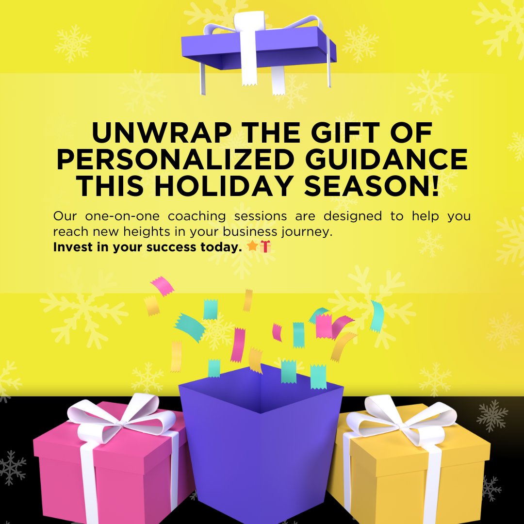 🎄🎁 This holiday season, give yourself the gift of growth!

Our one-on-one coaching sessions provide personalized strategies to help you reach new milestones and unlock your full potential. Start your journey to success today! 🌟✨