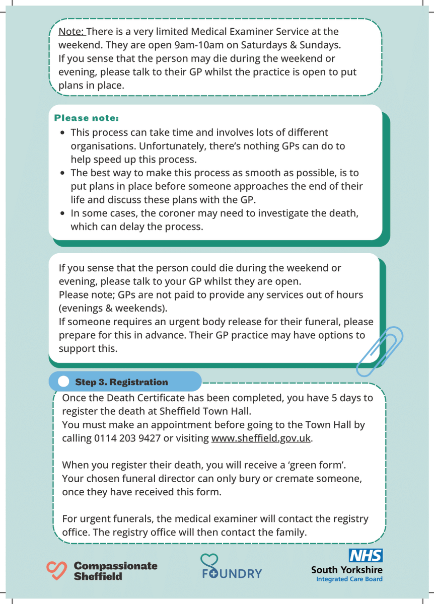 There is a new process for what happens after a person dies. Please read the leaflet for more information.