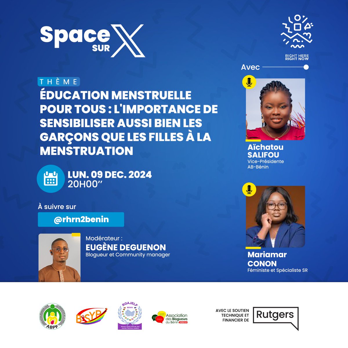 Pour les derniers jours des 16 jours d’activisme, <a href="/rhrn2benin/">Ici et Maintenant</a> vous offre une série exclusive de 4 Spaces ! Le premier, c’est ce soir à 20h, avec pour thème : Éducation menstruelle pour tous : l'importance de sensibiliser aussi bien les garçons que les filles à la menstruation.