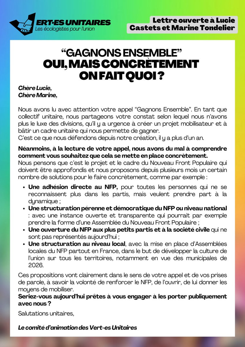“Gagner ensemble” ?
Oui ! mais concrètement on fait quoi ? 

<a href="/marinetondelier/">Marine Tondelier</a> <a href="/CastetsLucie/">Lucie Castets</a>, êtes vous prêtes à vous engager à défendre avec nous ces propositions pour renforcer le #NFP ?
➡️ Adhésion directe
➡️ Ouverture plus large de l’union 
➡️ Structuration locale et nationale
