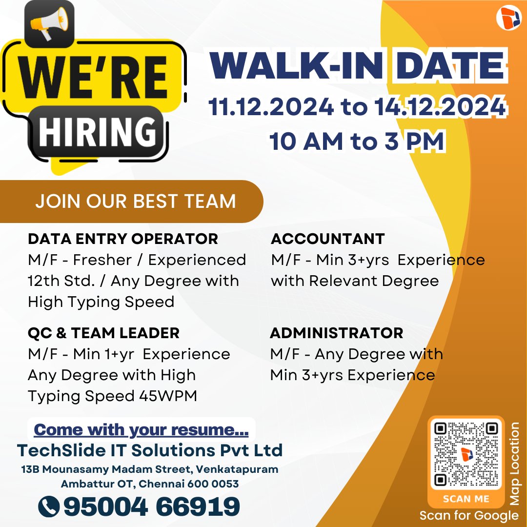 📢 Opportunities! 📢

Join us for a walk-in interview to explore various career opportunities! We are looking for talented individuals for the following positions:

BPO Data Entry Operator
Team Leader
Quality Checker
Accountant
Office Administrator

📅 Walk-in Dates: December 11,