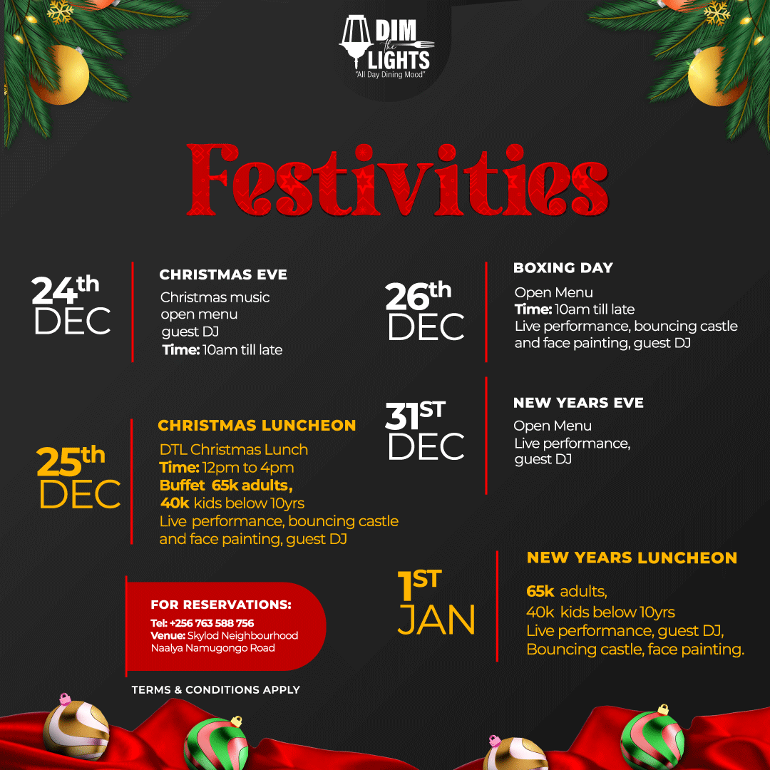 🎄✨ Experience the Magic of the Festive Season at Dim the Lights Café! ✨🎄

The holidays are here, and we’ve lined up exciting events just for you and your loved ones:

📅 Save your spot today
📞 Call us now for reservations: 0763588756
🎁 Let's make this season unforgettable.