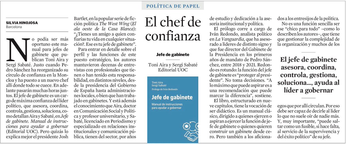 Hoy, <a href="/slvhinojosa/">Silvia Hinojosa</a> en <a href="/LaVanguardia/">La Vanguardia</a> reseña el libro #JefeDeGabinete, y aquí que os lo enlazo porque, como dice Silvia, “este manual no podía ser más oportuno” 😍👇🏼
editorialuoc.com/jefe-de-gabine…