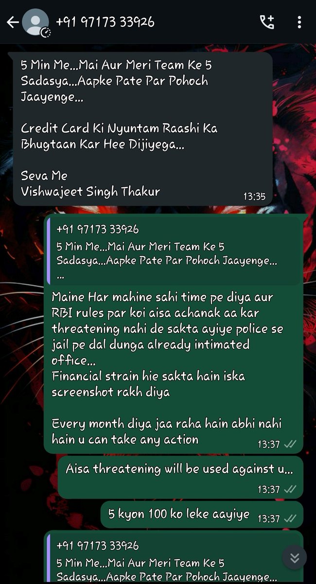 arijitroy929's tweet photo. @SBICard_Connect
To sbi card have been paying sbi credit card amount e wry month but was unable. To. Pay on November due to no job scenario. As per RBI such threatening messages will be unethical for u. https://t.co/BLQVf0zAKU