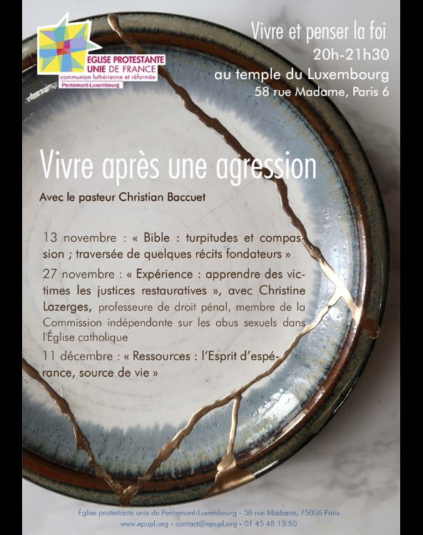 Mercredi 11 décembre, 20h-21h30, 58 rue Madame, Paris 6
- Réflexions sur le pardon : le risque d’écraser la victime
- Témoignage sur le processus justice et réconciliation au Rwanda
- Ressources proposées par l’Eglise
- Un Dieu de compassion et de lutte
<a href="/paroissepentlux/">Pentemont Luxembourg</a> #EPUdF