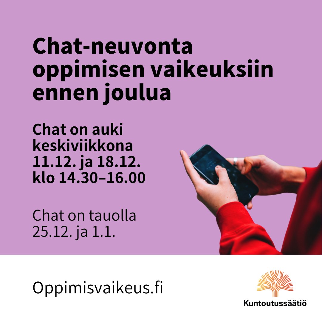 Tuntuuko oppiminen tai keskittyminen
hankalalta? Chatissa voit jutella oppimisvaikeuksiin
perehtyneen psykologin kanssa.

🗓️✍️ Chat on tänään keskiviikkona klo 14.30–16.00!

Pääset chattiin Oppimisvaikeus.fi-sivun alakulmasta
oppimisvaikeus.fi 🟪✉