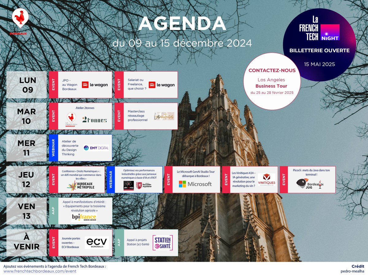 📆 Vos événements #FrenchTech #Bordeaux de la semaine avec <a href="/LeWagonBordeaux/">Le Wagon Bordeaux</a>, <a href="/2tonnes_/">2tonnes</a>, <a href="/emy_digital/">Emy Digital</a>, <a href="/BxMetro/">Bordeaux Métropole</a>, <a href="/dihnamic/">Dihnamic</a>, <a href="/NvelleAquitaine/">Nouvelle-Aquitaine</a>, <a href="/microsoftfrance/">Microsoft France</a>, Vinitiques, <a href="/BordeauxJUG/">BordeauxJUG</a>, <a href="/Bpifrance/">Bpifrance</a>... 🙏

À venir : <a href="/ecvfrance/">ECV - École de création visuelle</a>, Station [e]-Santé

L'agenda 👉 lc.cx/4uJiI51T4AR