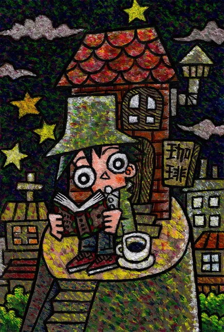 「珈琲と読書」(2024年)87mm×128mmアクリル 