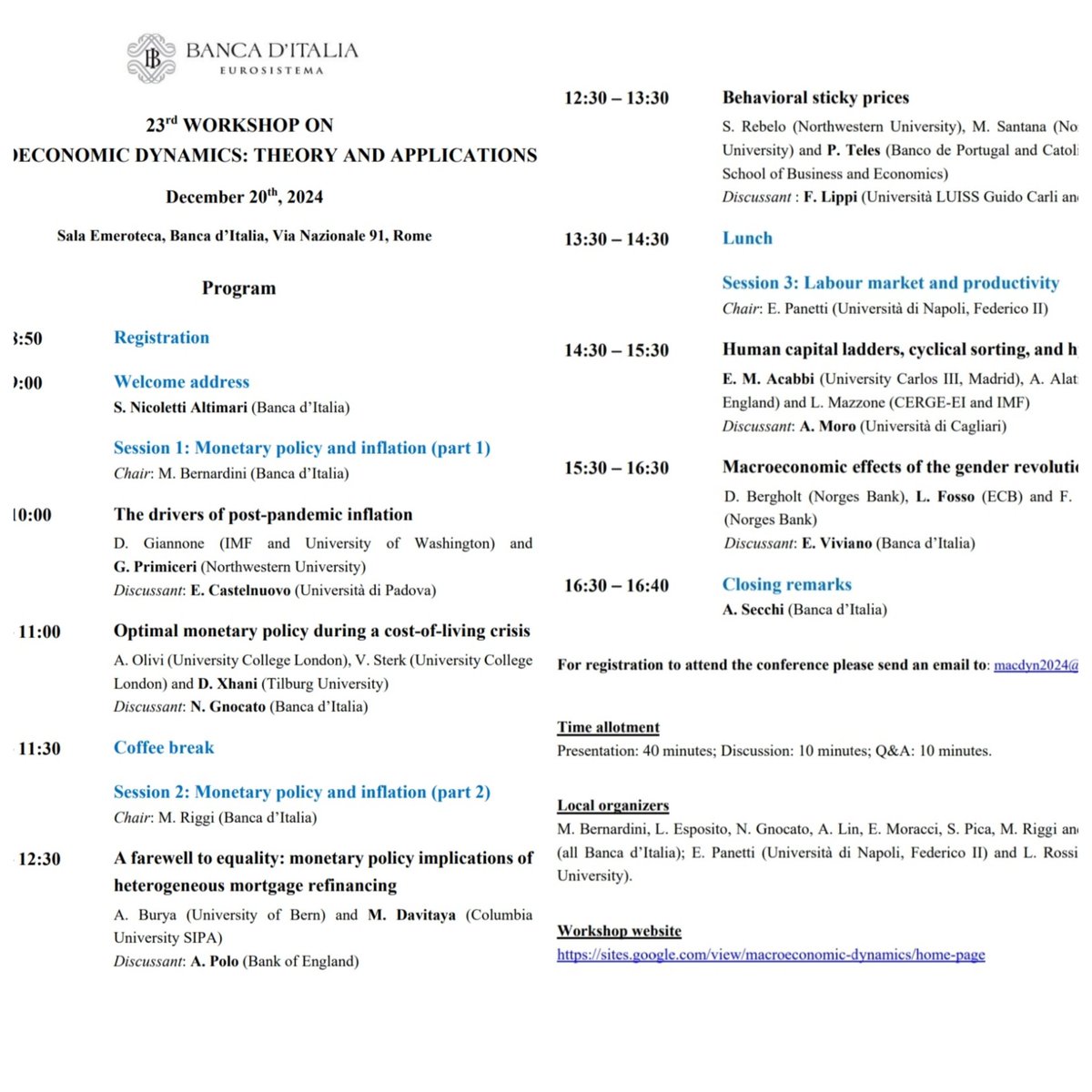 ✨Here we go✨
 The programme of the next #Macroeconomics_Dynamics #Workshop is out.

#Rome 20.12.2024
#Venue Bank of Italy

Glad to have contributed to organizing it and putting together such a roster of speakers.

More info on the annual event:
sites.google.com/view/macroecon…