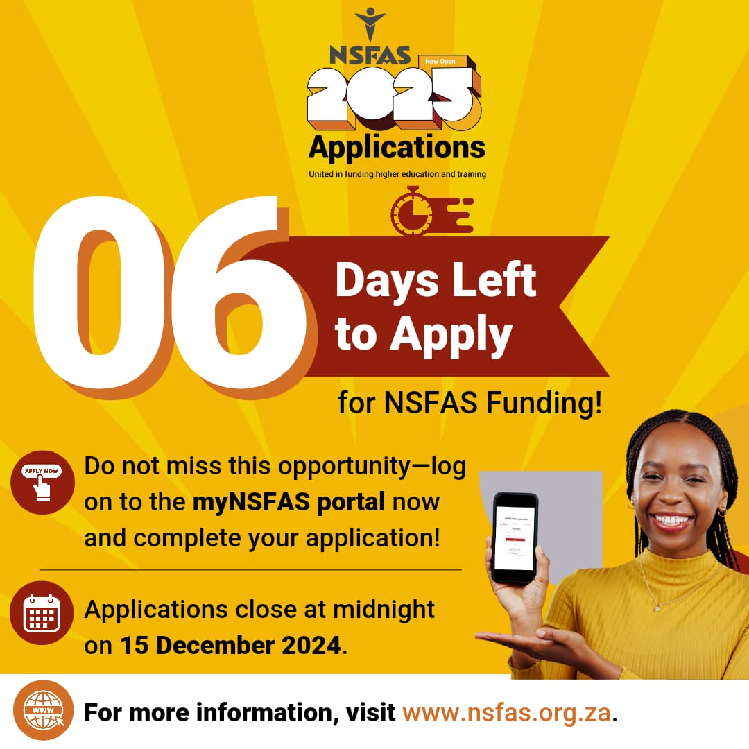 Visit our website today nsfas.org.za and apply for the <a href="/myNSFAS/">NSFAS</a> 2025 bursary or loan. Time is running out. APPLY NOW!
#APPLYNOW #NSFAS2025 #NSFAS2025Applications