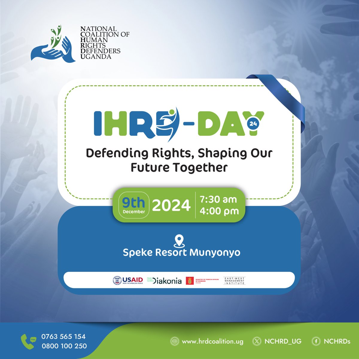 NCHRD_UG's tweet photo. 🙌Today 09th December, @NCHRD_UG joins the rest of the world to commemorate the International Human Rights Defenders Day 2024. Our theme is "Defending Rights, Shaping Our Future Together." We shall award outstanding #HRDs of the years from different regions of the country. https://t.co/vj97RyDWpy