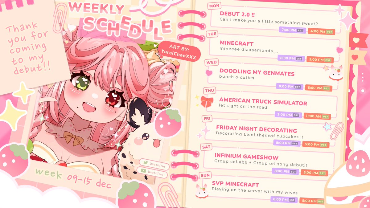 UsachiYui's tweet photo. Schedule┆Dec 09 - 15 ♡
──── ୨୧ ────
🍰Tags !! ♡
Fanart: 🖍️#paintyui
Live:🍓#usachiLIVE
Nsfw: 🔞 #YUIdelight https://t.co/NdkuZtvNEx