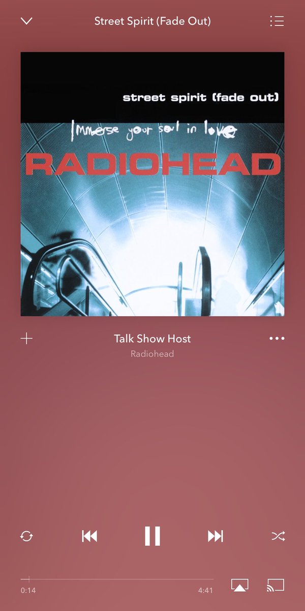 DevTC333's tweet image. Song of the day: Talk Show Host
Artist: Radiohead
Year: 1996
It’s still finals week unfortunately:(
#SPM230