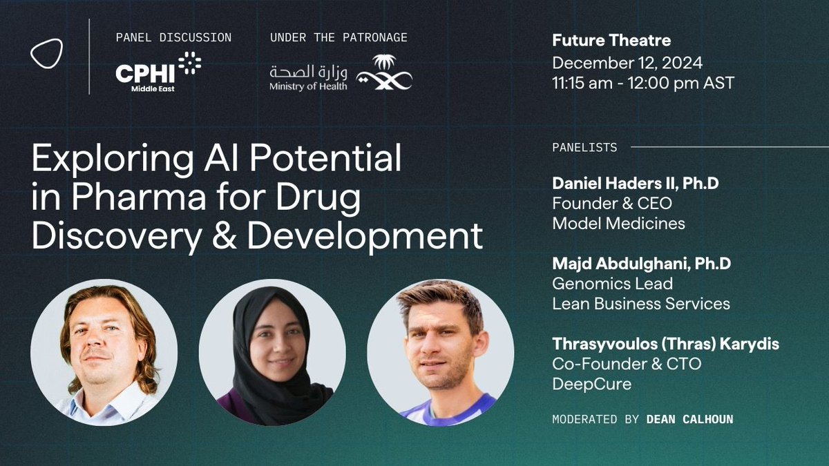 <a href="/CPHIMiddleEast/">CPHI Middle East</a> <a href="/SaudiMOH/">وزارة الصحة السعودية</a> <a href="/SaudiVision2030/">رؤية السعودية 2030</a> <a href="/EIFSaudi/">Events Investment Fund صندوق الفعاليات الاستثماري</a> <a href="/saudi_nih/">المعهد الوطني لأبحاث الصحة | Saudi NIH</a> <a href="/Saudi_fda_en/">Saudi Food & Drug Authority</a> <a href="/Saudi_FDA/">هيئة الغذاء والدواء</a> <a href="/DJHadersPhD/">Daniel Haders II PhD</a> Also on Dec 12th, in the Future Theater, <a href="/DJHadersPhD/">Daniel Haders II PhD</a>, will be joining the panel - "Exploring AI Potential in Pharma for Drug Discovery and Development" with <a href="/thrakar9/">Thrasyvoulos Karydis</a> and <a href="/Affygility/">Dean Calhoun</a> - learn more here buff.ly/3ONjhDI 

#cphime #cphi  #biotech #saudivision2030
