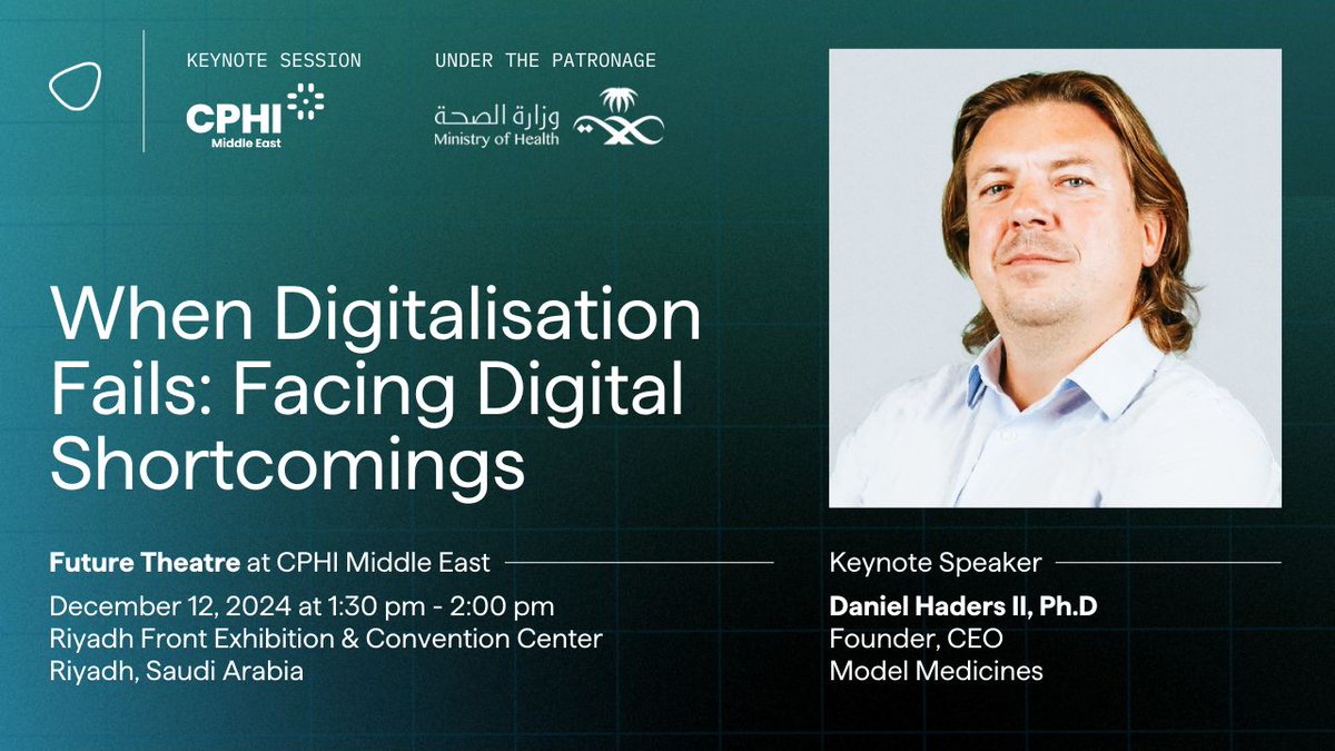 <a href="/CPHIMiddleEast/">CPHI Middle East</a> <a href="/SaudiMOH/">وزارة الصحة السعودية</a> <a href="/SaudiVision2030/">رؤية السعودية 2030</a> <a href="/EIFSaudi/">Events Investment Fund صندوق الفعاليات الاستثماري</a> <a href="/saudi_nih/">المعهد الوطني لأبحاث الصحة | Saudi NIH</a> <a href="/Saudi_fda_en/">Saudi Food & Drug Authority</a> <a href="/Saudi_FDA/">هيئة الغذاء والدواء</a> On Dec 12th, in The Future Theater,  Model Medicines' CEO <a href="/DJHadersPhD/">Daniel Haders II PhD</a>, will be delivering the keynote, "When Digitalisation Fails – Facing Digital Shortcomings," on Dec 12 - learn more here buff.ly/3ONjhDI 

#cphime #cphi  #biotech #saudivision2030 #drugdiscovery