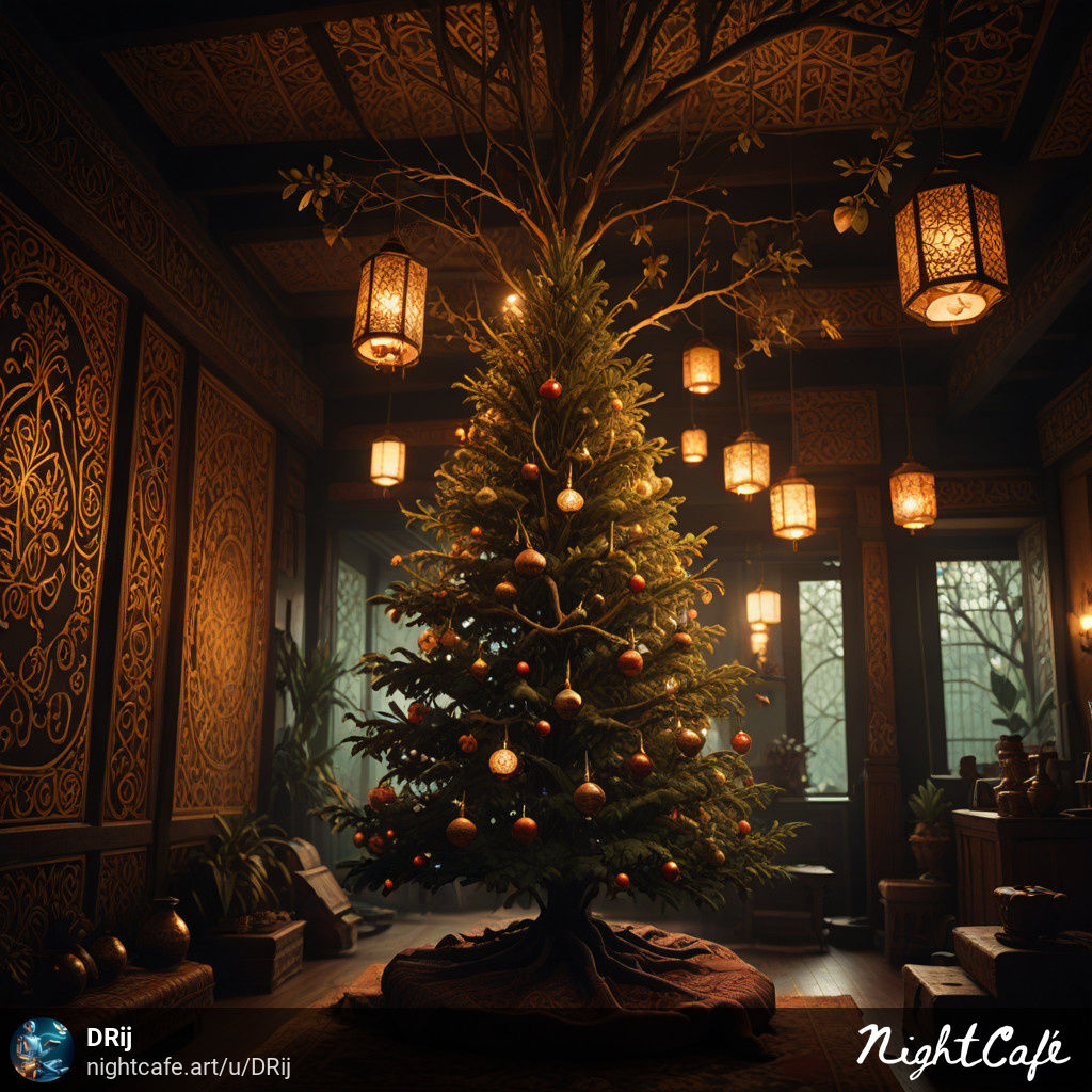 DavitRij's tweet photo. The Christmas tree and mysterious patterns of Javanese batik cloth  - made with NightCafe  https://t.co/H3CVivEsZp #aiart #nightcafe #digitalart via @NightcafeStudio https://t.co/G3OOZFvb1W