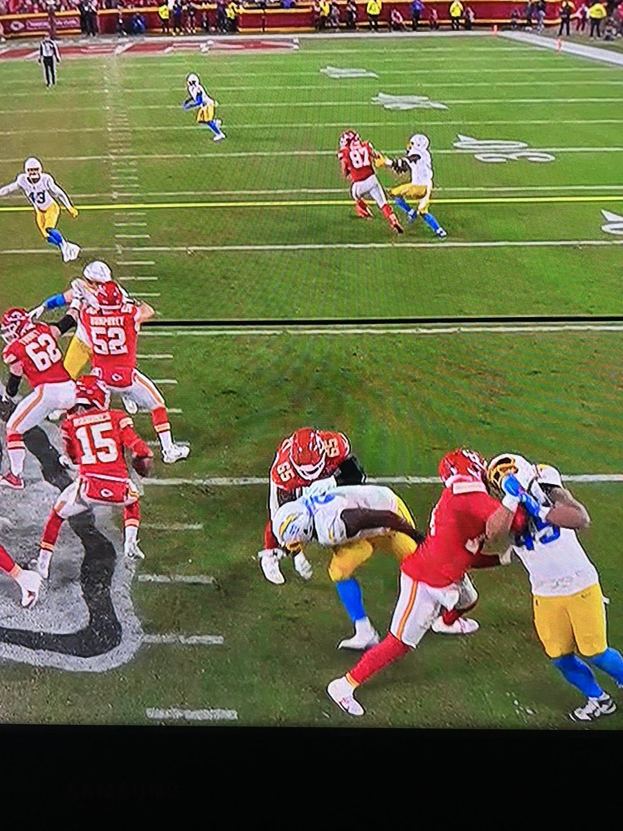 McDTwin1's tweet photo. Collinsworth criticizing Chargers defenders for “rushing past Mahomes” while ignoring the  video then still shot of a clear hold. @CollinsworthPFF https://t.co/gEc6ls91WY