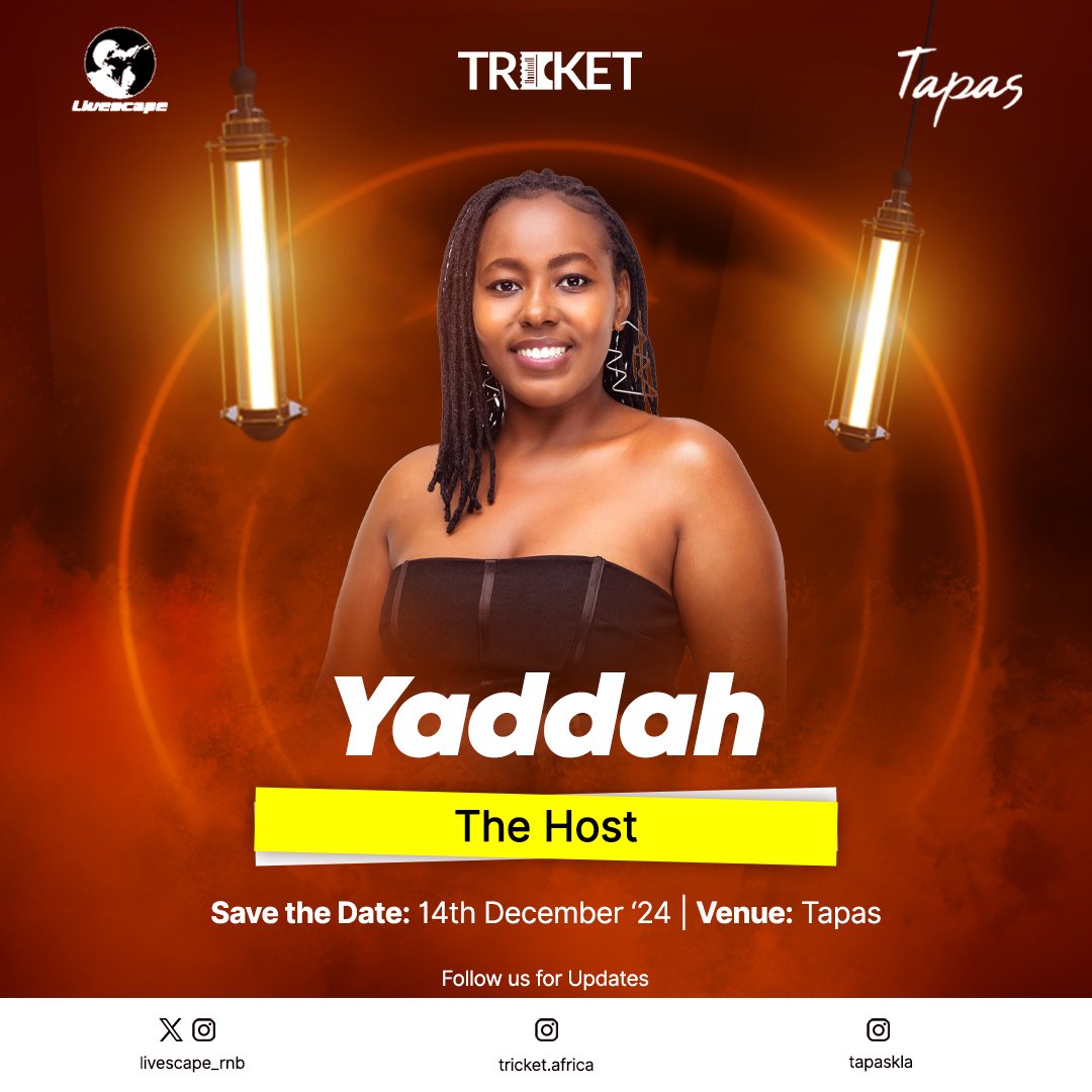 newwaveug256's tweet photo. ON THE SPOT!!! Your homegirl @Yaddah_411 will be coordinating the day come this Saturday at @TapasKla in Ntinda 

For Reservations ☎️ 0764200204
🔊POLICY : @djgadafintv @djenowiz 
💃🏾 PERFORMANCES : Hany P &amp; @ViniMercy
Partners : @tricketafrica &amp; @LIVESCAPE_RNB 

#brunch #RnB #Djs https://t.co/NGNS46diMf