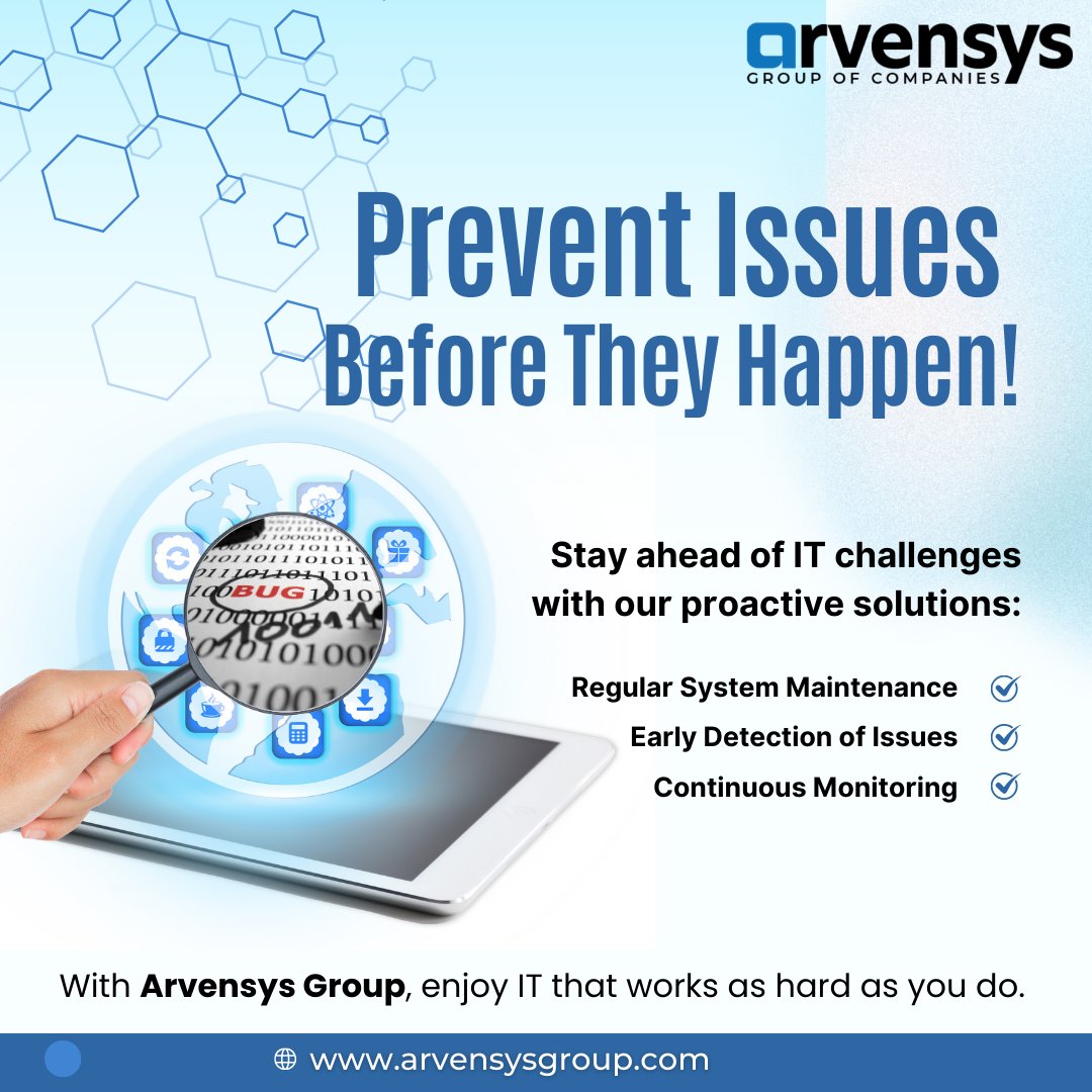 Arvensys_group's tweet photo. Prevent All IT Issues Before They Happen!
Stay ahead of IT challenges with our proactive solutions:
With Arvensys Group, enjoy IT that works as hard as you do.
#ITManagement #ProactiveSolutions #TechSupport #BusinessContinuity https://t.co/NciAPG6Mk5