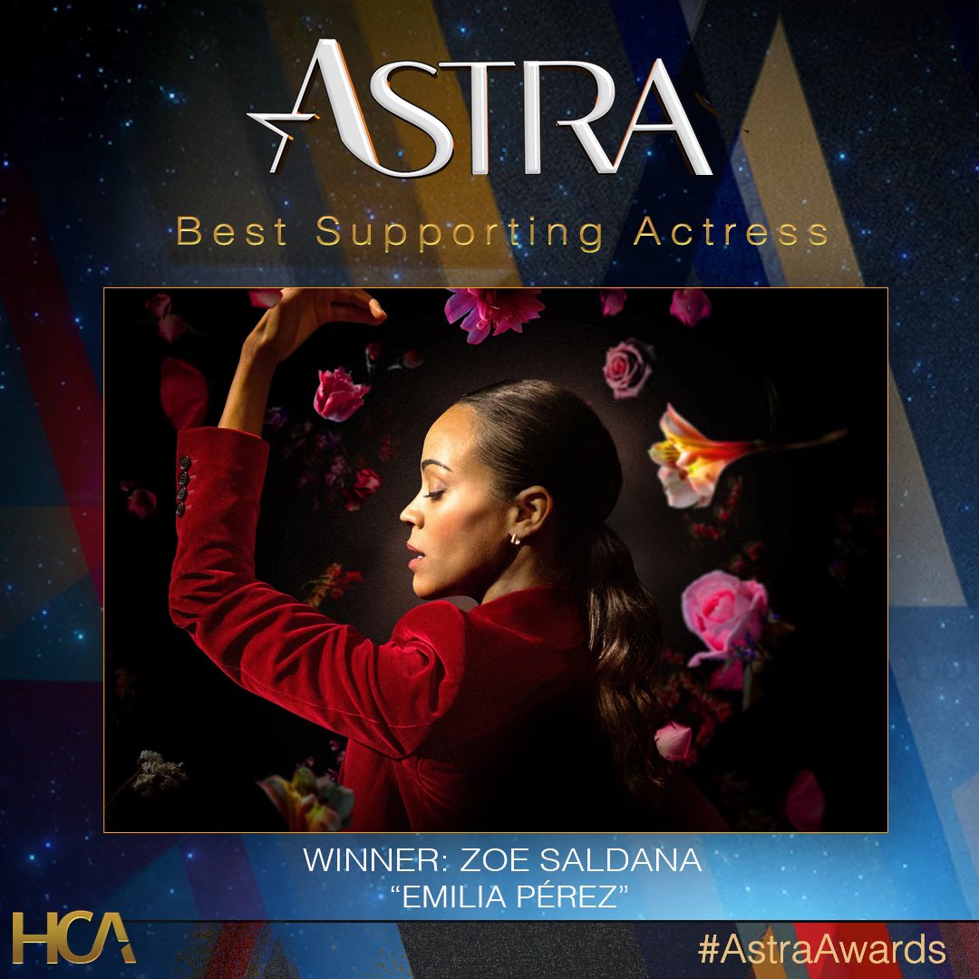 TheAstraAwards's tweet image. The Astra for Best Supporting Actress is a tie…

Ariana Grande - Wicked 
Zoe Saldana - Emilia Perez 

#TheAstras #AstraAwards #AstraFilmAwards #WickedMovie #EmiliaPérez