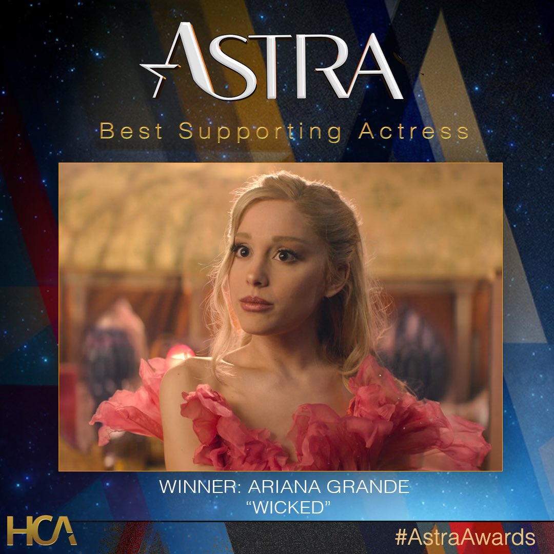 TheAstraAwards's tweet image. The Astra for Best Supporting Actress is a tie…

Ariana Grande - Wicked 
Zoe Saldana - Emilia Perez 

#TheAstras #AstraAwards #AstraFilmAwards #WickedMovie #EmiliaPérez