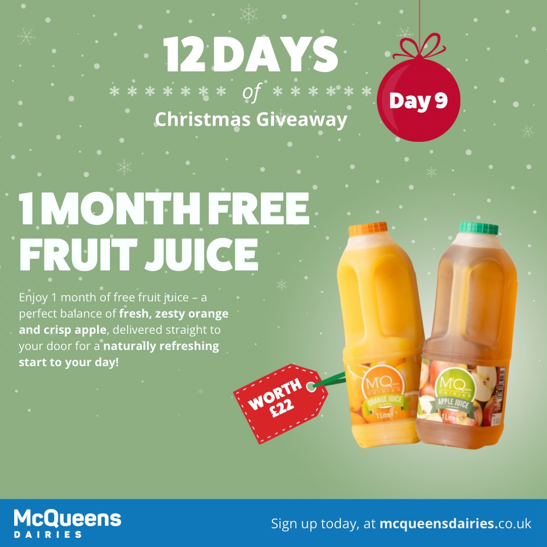 ✨12 Days Of Christmas Competition✨⁠

🎅DAY 9 - 1 Month Free Fruit Juice

HOW TO WIN:⁠
🎁 Follow <a href="/DairiesMcqueens/">McQueens Dairies 🥛</a>
🎁 Like &amp; Retweet
🎁 Tag a friend in the comments.⁠

⁠EXTRA ENTRIES are also available on our Instagram and Facebook page 🙌⁠
#12daysofchristmas #giveaway