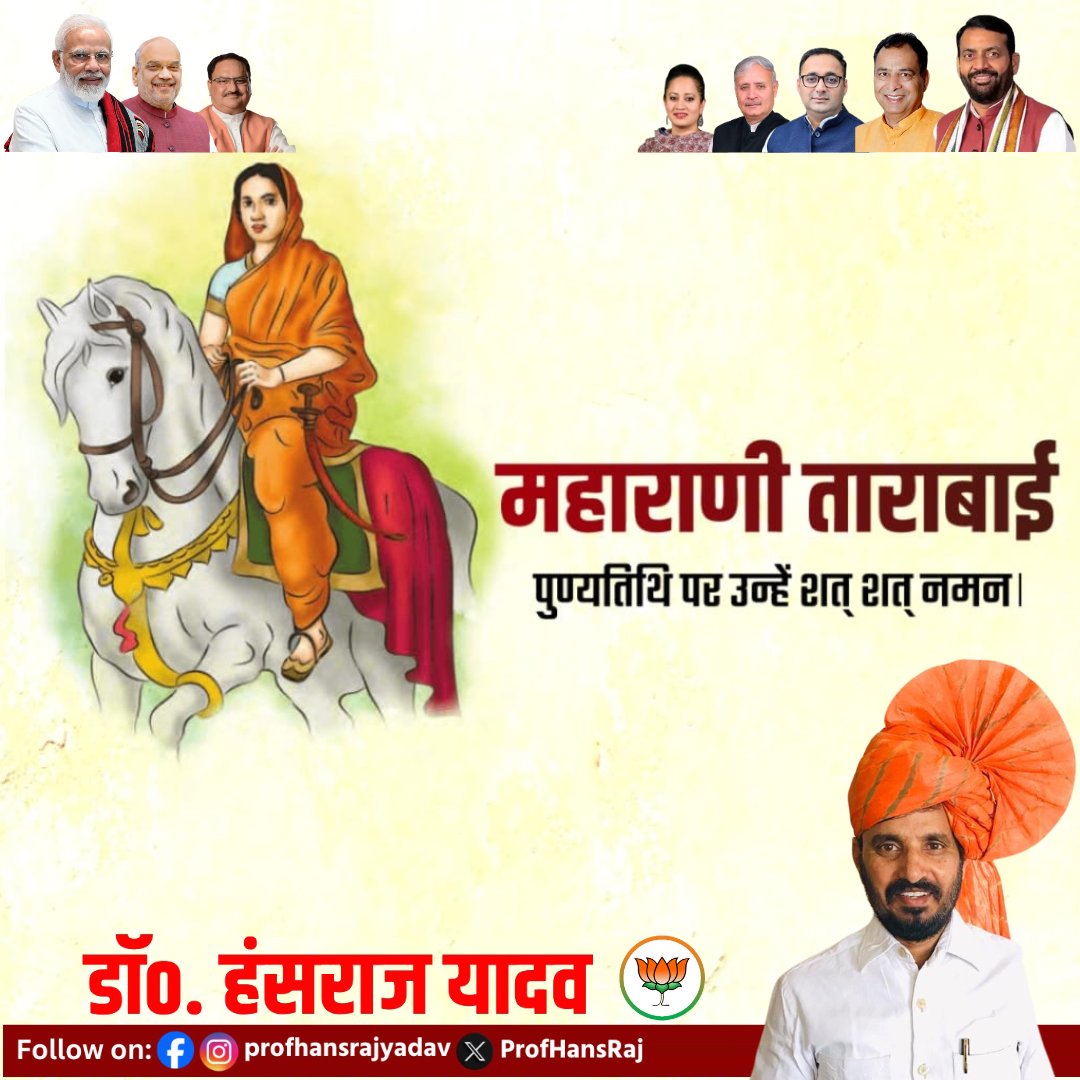 ProfHansRaj's tweet photo. औरंगजेब को हराने वाली साहसी मराठा रानी ताराबाई जी की पुण्यतिथि पर उन्हें नमन। उनका पराक्रम हर पीढ़ी को अदम्य साहस का पाठ सिखाता रहेगा। 🌟 #TarabaiPunyatithi #MarathaWarrior #inspiration @bjp4india @bjp4haryana @raoinderjitsingh https://t.co/Q8alkoQ4Ur