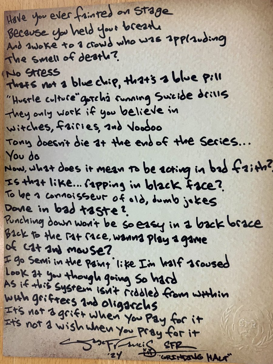 seezmics's tweet photo. @SageFrancis has a great holiday gift for all you @SFRupdates fans:
Handwritten lyric sheets, and hereβs his verse from our song #GrindingHalt from my recent album #WithSFR.
Purchase your written lyric sheet here: https://t.co/YsxS5Kg4H5
#StrangeFamous! https://t.co/myo66Tkwkd