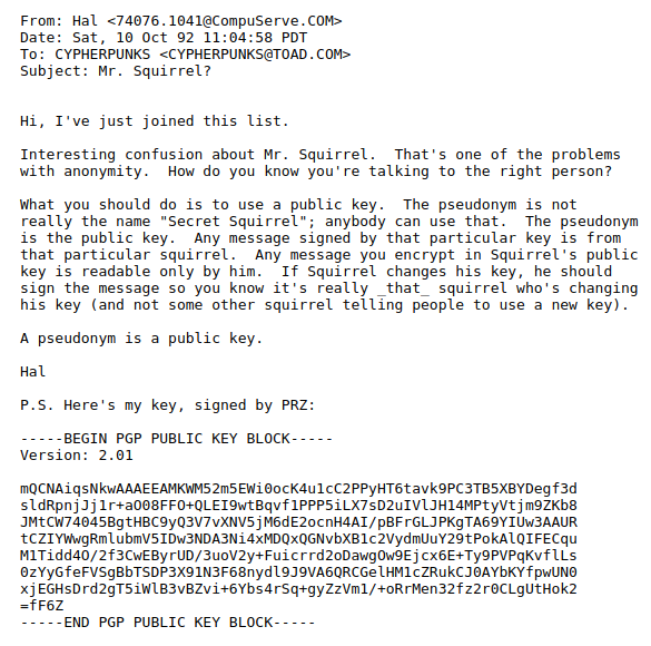 DenBlad81754's tweet photo. Hal Finney's email to the CypherPunks list in 1992 outlines the principles of Bitcoin's transaction verification process using public keys.

Bitcoin transactions are secured using cryptography through a process involving public and private keys. Similar to described in his email. https://t.co/h2SCcHgzrz