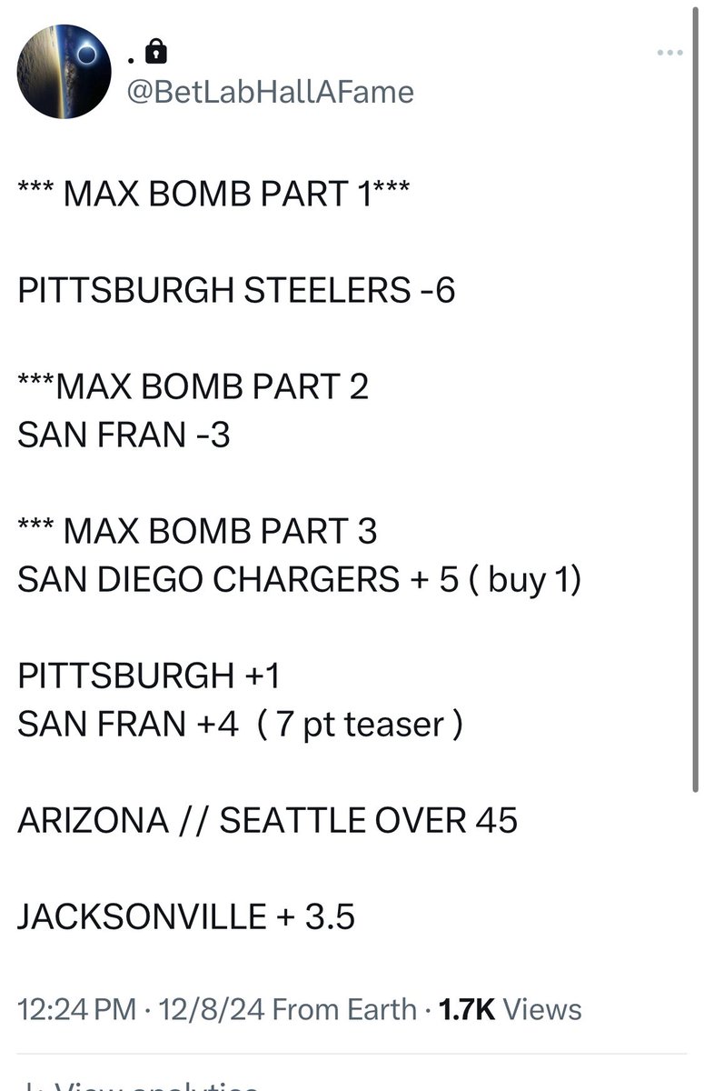 BetLabAnalytics's tweet photo. *** MAX BOMB ALERT PART 3 ** 

SAN DIEGO CHARGERS .. WINNER ✅✅

LADIES &amp; GENTS I PRESENT TO YOU FOR BACK TO BACK DAYS .. THE PERFECT 7-0 CARD 

15 game winning streak!!  my personal record is 16 in my pinned tweet from 2019 .. did I earn 100 RT’s yet or nah ?? https://t.co/mPNHJCrPM2