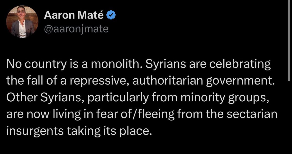 How fascinating to witness one of Assad’s top western propagandists shift his worldview in mere hours.

Maté never mentioned the regime’s repression/authoritarianism while enjoying regime-sponsored trips to Syria &amp; passing information about dissidents to Russians intelligence