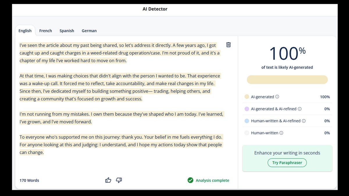 Casper's response came back as "100% of text is likely AI-generated," which becomes more funny if you saw a certain section in the video. Also; "I got caught up and caught charges in a weed-related drug operation?" That's not exactly the same as being arrested as the LEADER of a