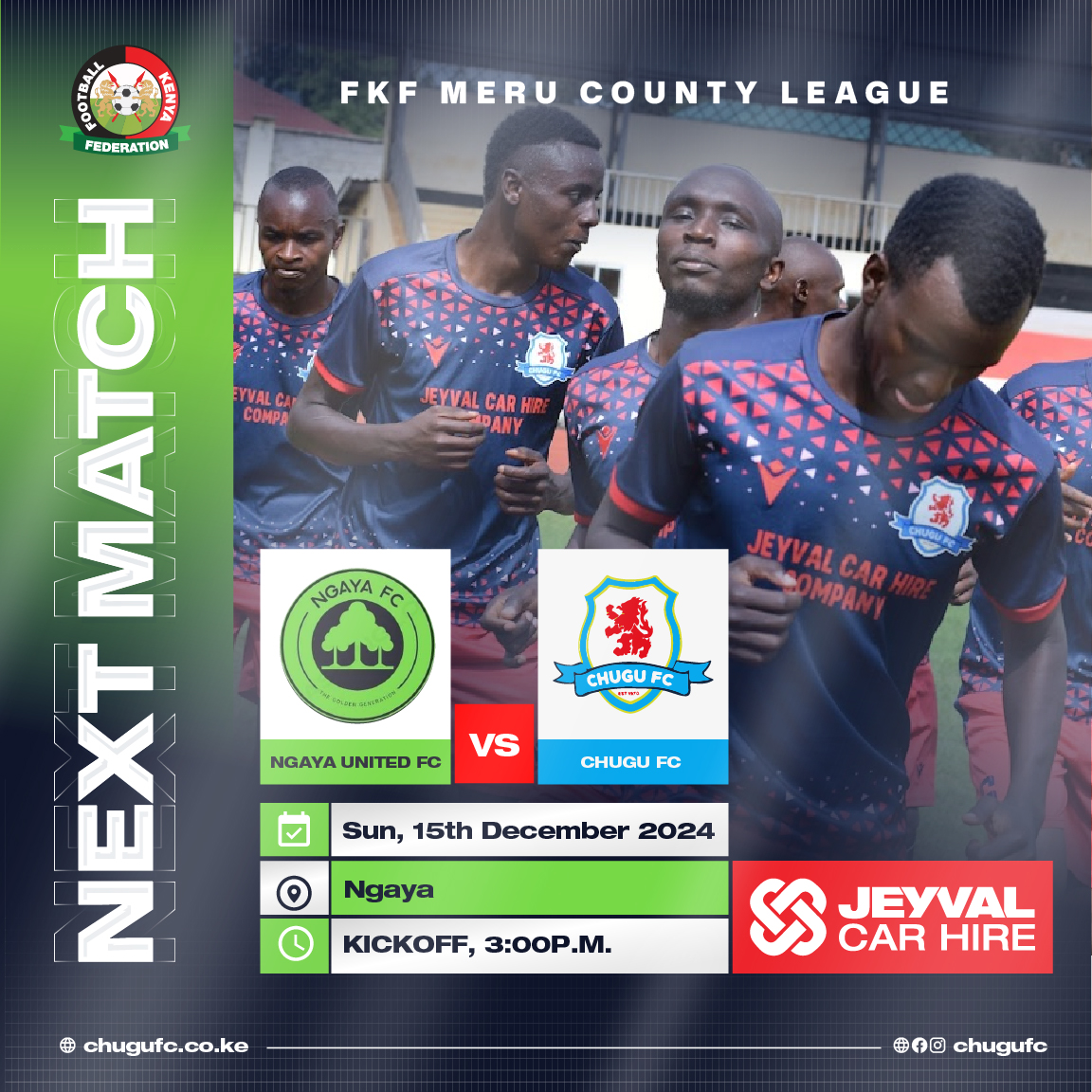 CHUGUFC's tweet photo. 🚨 Next Match Alert! 🚨
🏟️ NGAYA UNITED FC  vs CHUGU FC
📅 15 DEC 2024 | ⏰ 3:30 PM
📍 Venue: NGAYA
💥We’re coming back fired up! Don’t miss the action and join us to support the team! 🏆⚽
#ChuguFC #Jeyval #NextMatch #MeruCountyLeague #FKF #kenya #MeruCounty https://t.co/ndEI0UZ3c5