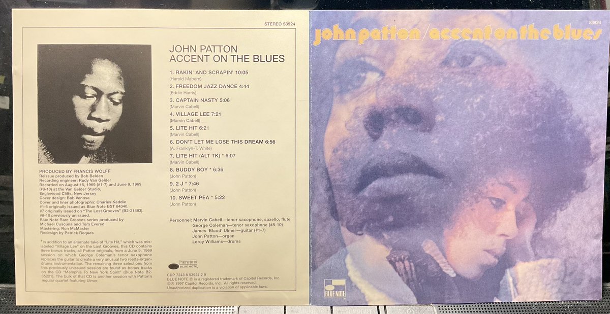 takanomasajazz's tweet photo. 今日のハモンドオルガンは、John Patton の「Accent On The Blues」🎹 CDはアナログ盤より4曲多い,コテコテ、Pattonのファンにはうれしいお得用盤CD📀 レコードなら2枚組の長さ👍おまけのBlues 「Sweet Pea」が秀逸🎵#かっこいいハモンドオルガン #JohnPatton #JamesBloodUlmer #GeorgeColeman https://t.co/FL7pCfqcjT