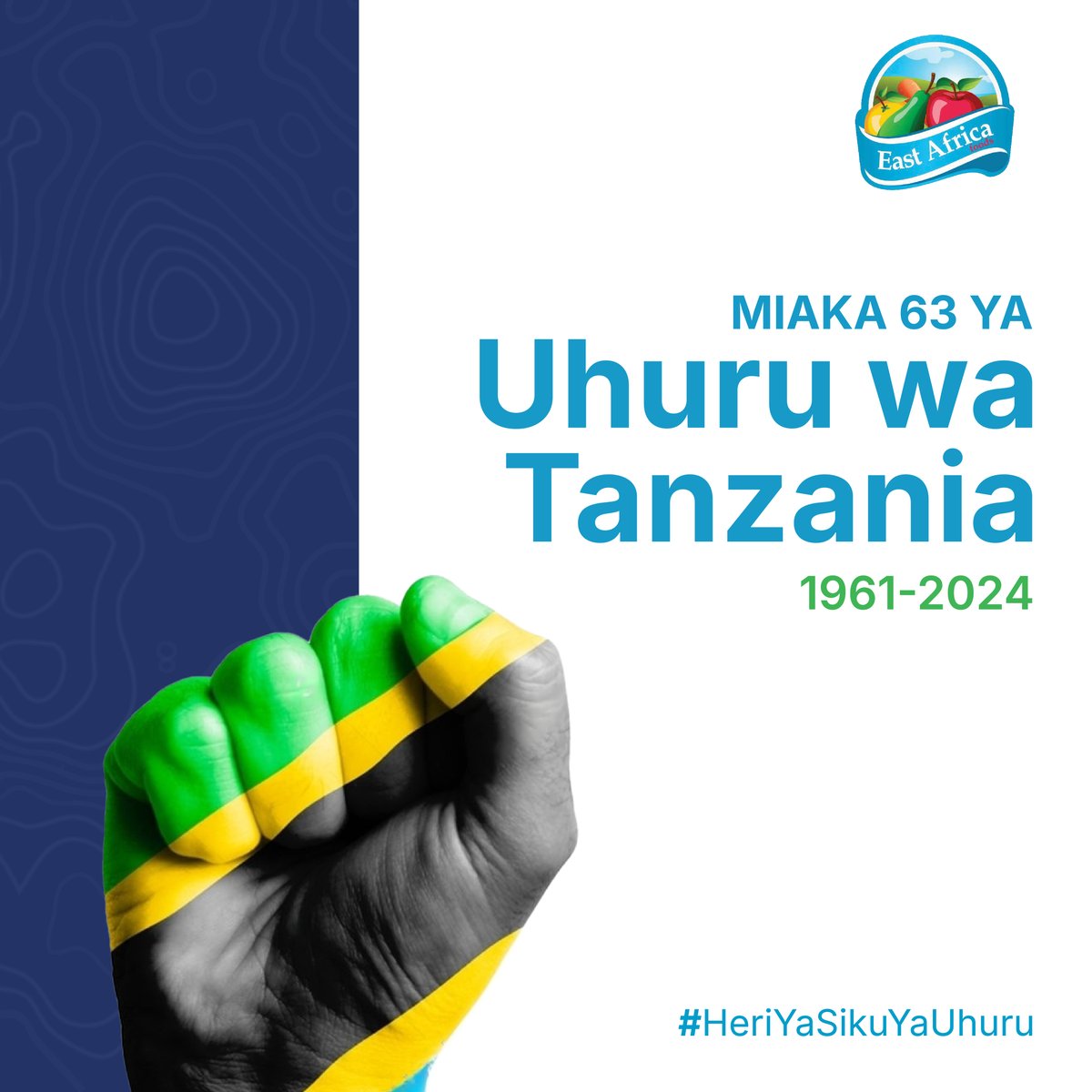 eafoods_'s tweet photo. Heri ya Siku ya Uhuru wa Tanzania!🇹🇿

Tunaposherehekea miaka 63 ya uhuru, tunawashukuru wakulima, wateja na washirika wetu wote.

Pamoja, tunajenga taifa bora zaidi! 🍌🥔🍚

#TanzaniaAt63 #IndependenceDay #EAF #HeriyaSikuyaUhuru https://t.co/VetmrgYkJo